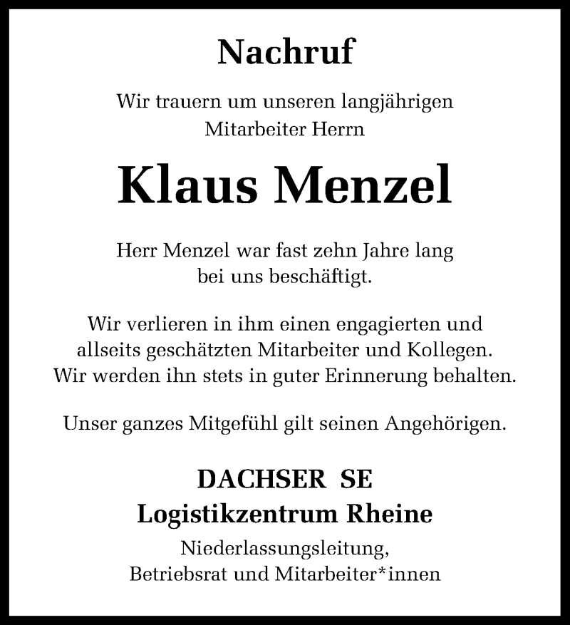  Traueranzeige für Klaus Menzel vom 29.10.2021 aus 