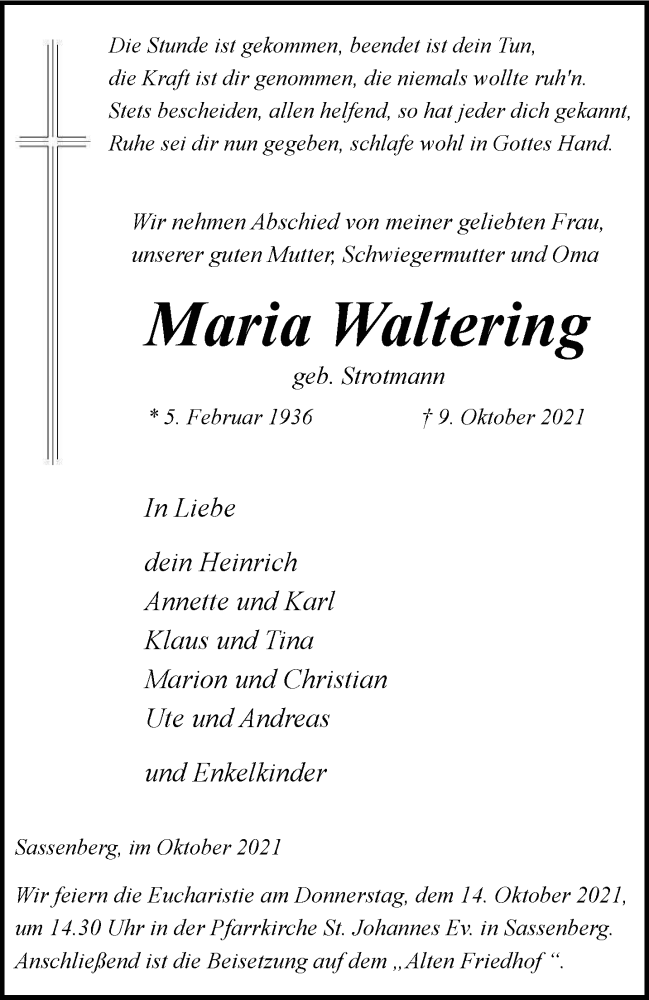  Traueranzeige für Maria Waltering vom 12.10.2021 aus 