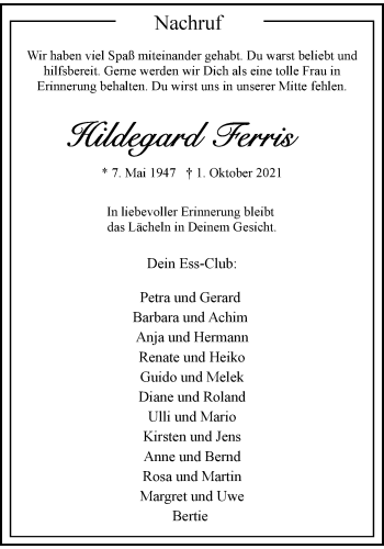 Anzeige von Hildegard Ferris 