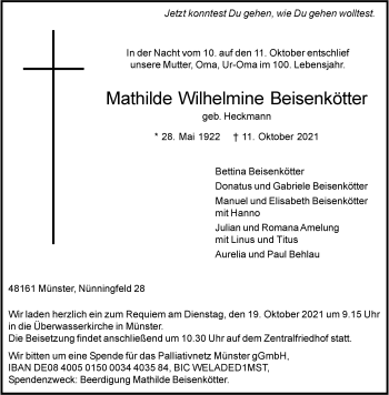 Anzeige von Mathilde Wilhelmine Beisenkötter 