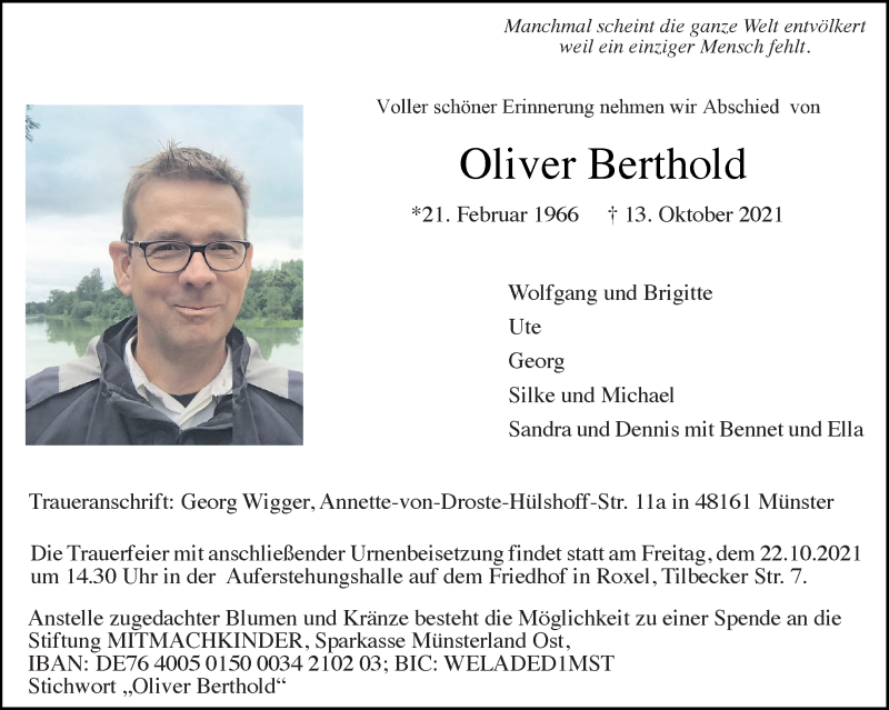  Traueranzeige für Oliver Berthold vom 20.10.2021 aus 