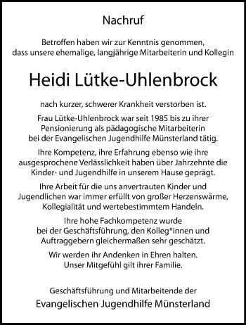 Anzeige von Heidi Lütke-Uhlenbrock 