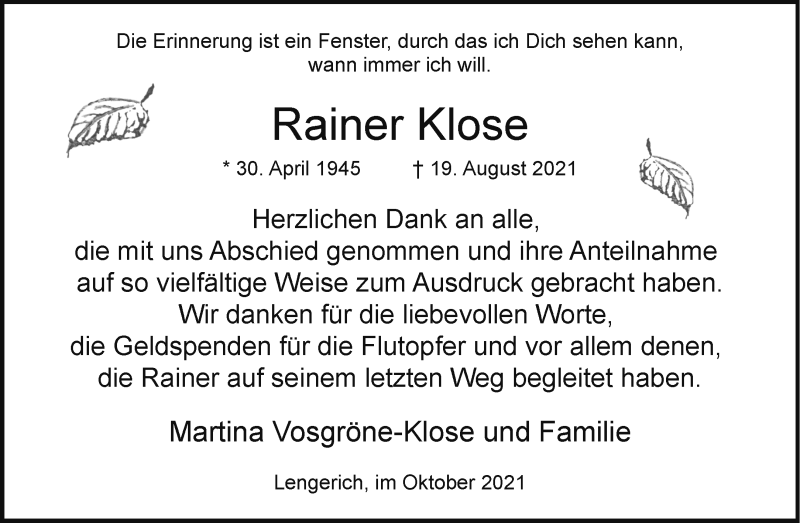  Traueranzeige für Rainer Klose vom 16.10.2021 aus 