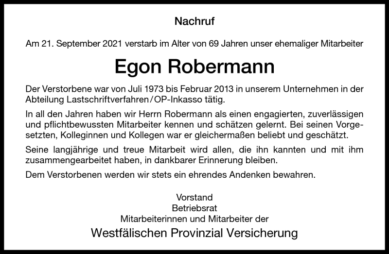  Traueranzeige für Egon Robermann vom 07.10.2021 aus 