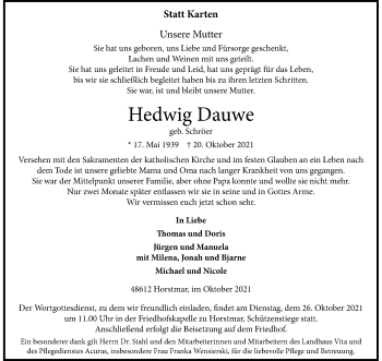 Anzeige von Hedwig Dauwe 