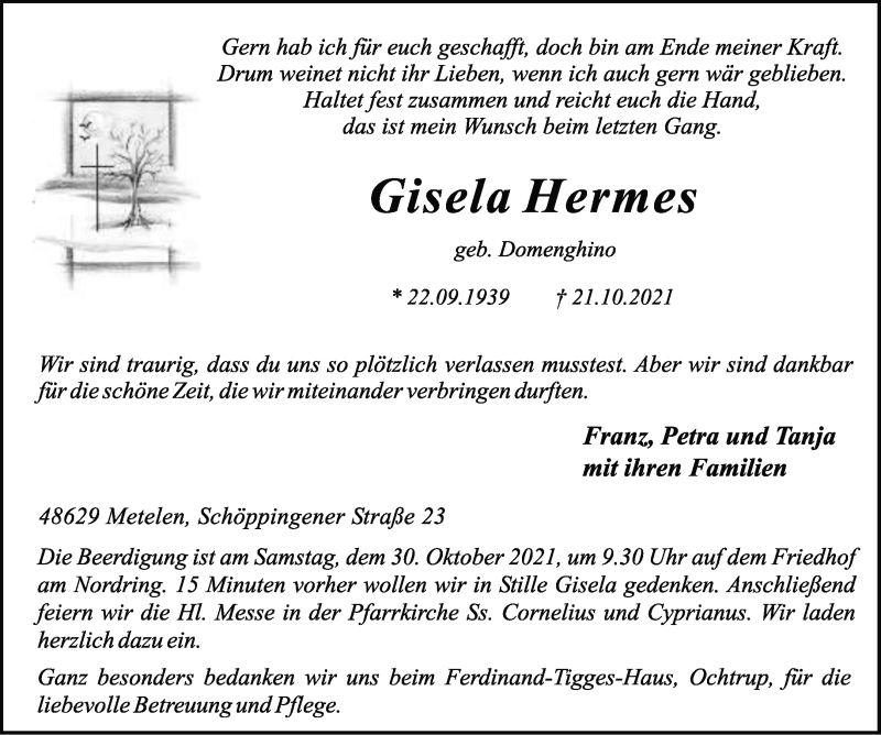  Traueranzeige für Gisela Hermes vom 26.10.2021 aus 