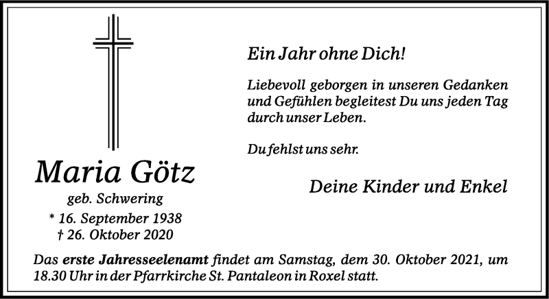  Traueranzeige für Maria Götz vom 23.10.2021 aus 