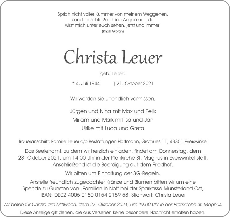  Traueranzeige für Christa Leuer vom 26.10.2021 aus 