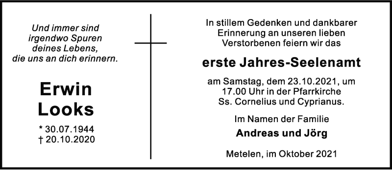 Traueranzeige für Erwin Looks vom 21.10.2021 aus 