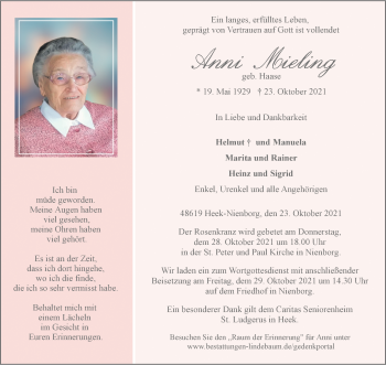 Anzeige von Anni Mieling 
