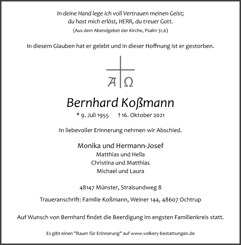  Traueranzeige für Bernhard Koßmann vom 20.10.2021 aus 