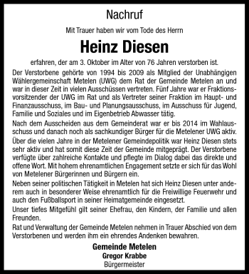 Anzeige von Heinz Diesen 