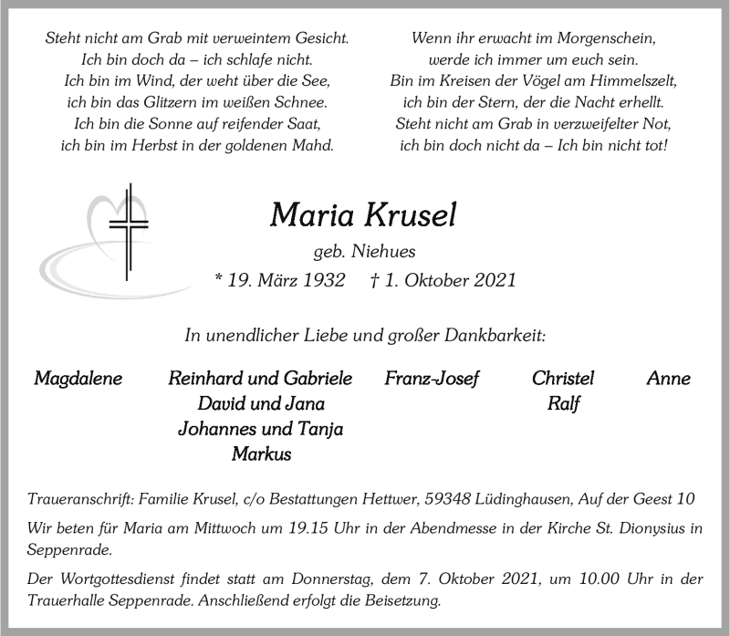  Traueranzeige für Maria Krusel vom 05.10.2021 aus 