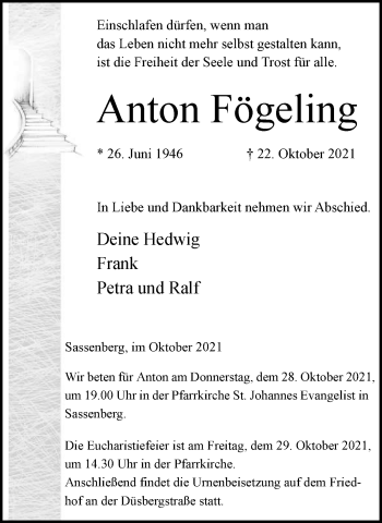 Anzeige von Anton Fögeling 