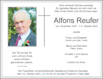 Anzeige von Alfons Reufer 