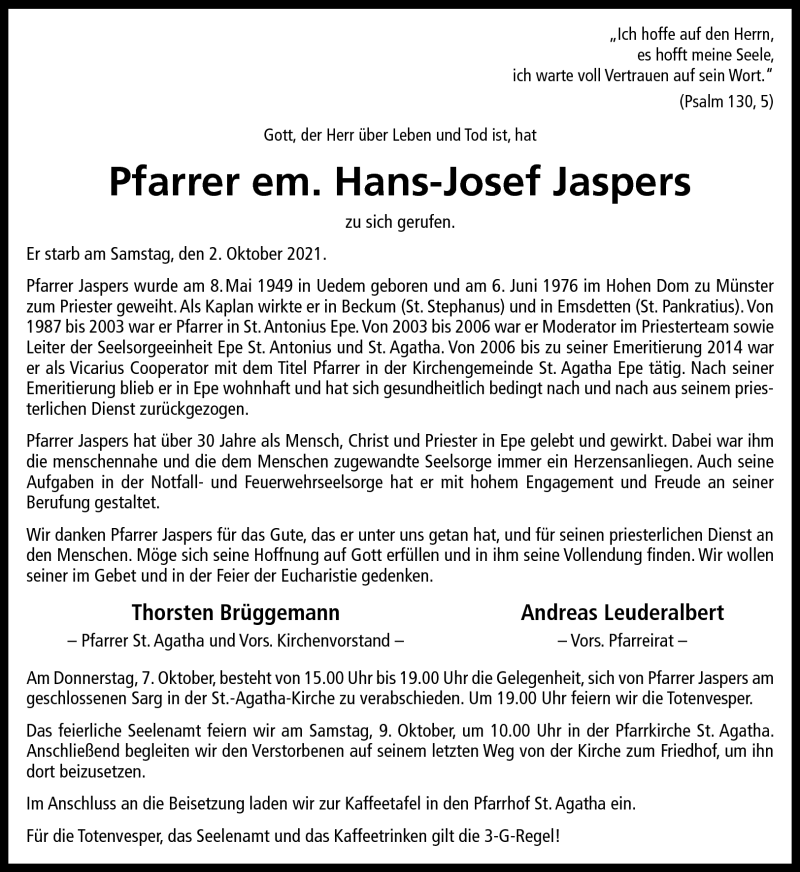  Traueranzeige für Hans-Josef Jaspers vom 06.10.2021 aus 