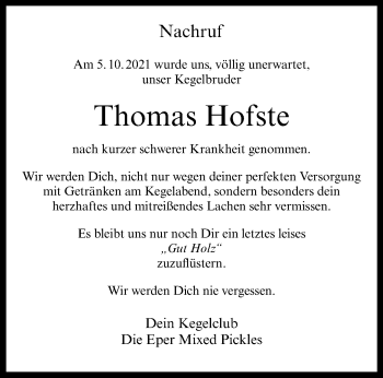 Anzeige von Thomas Hofste 