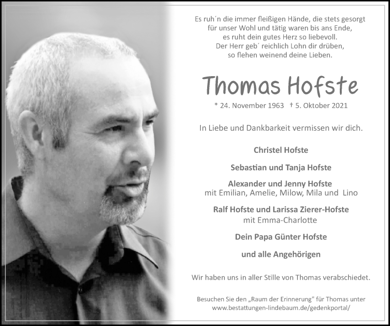  Traueranzeige für Thomas Hofste vom 23.10.2021 aus 