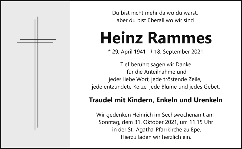  Traueranzeige für Heinz Rammes vom 27.10.2021 aus 