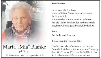 Anzeige von Maria Blanke 