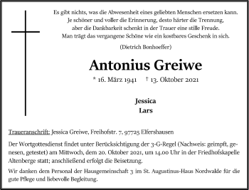 Anzeige von Antonius Greiwe 