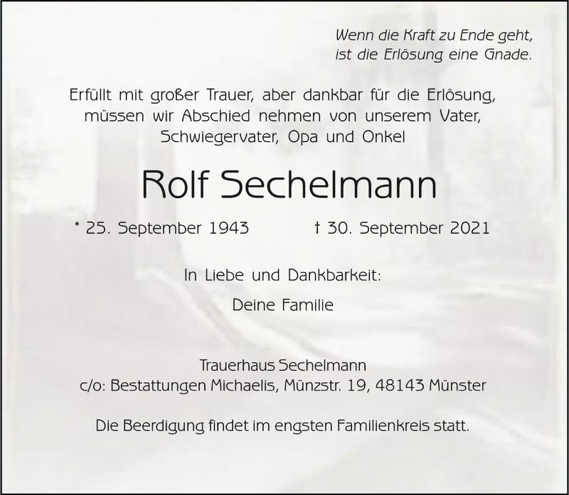  Traueranzeige für Rolf Sechelmann vom 02.10.2021 aus 