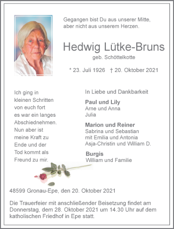 Anzeige von Hedwig Lütke-Bruns 