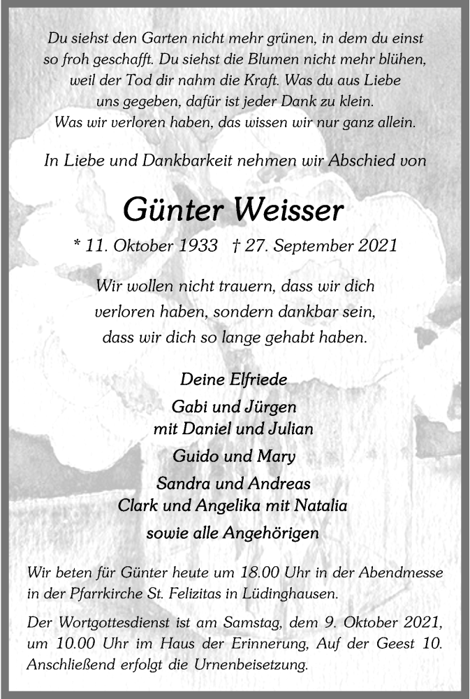  Traueranzeige für Günter Weisser vom 02.10.2021 aus 
