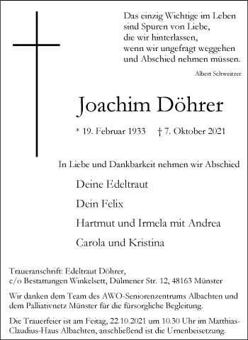 Anzeige von Joachim Döhrer 