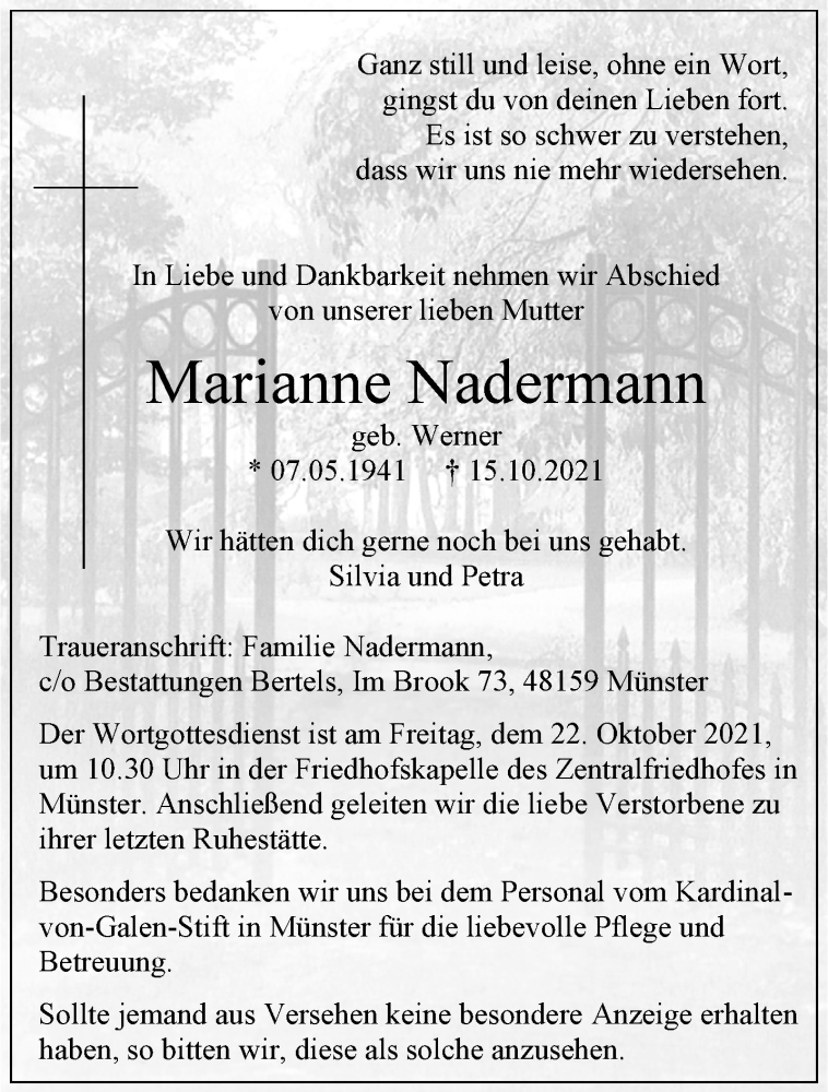  Traueranzeige für Marianne Nadermann vom 19.10.2021 aus 