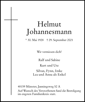 Anzeige von Helmut Johannesmann 