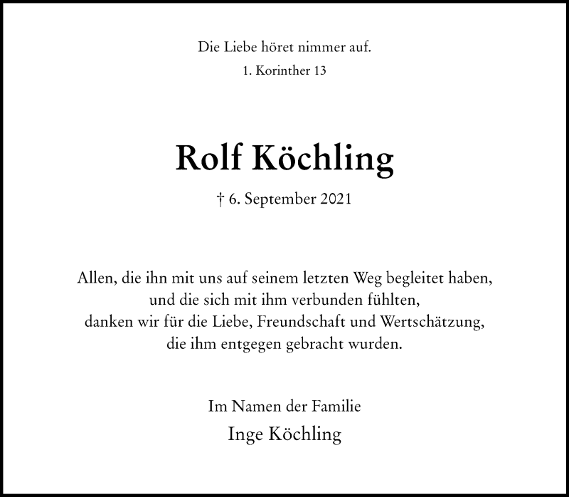  Traueranzeige für Rolf Köchling vom 09.10.2021 aus 