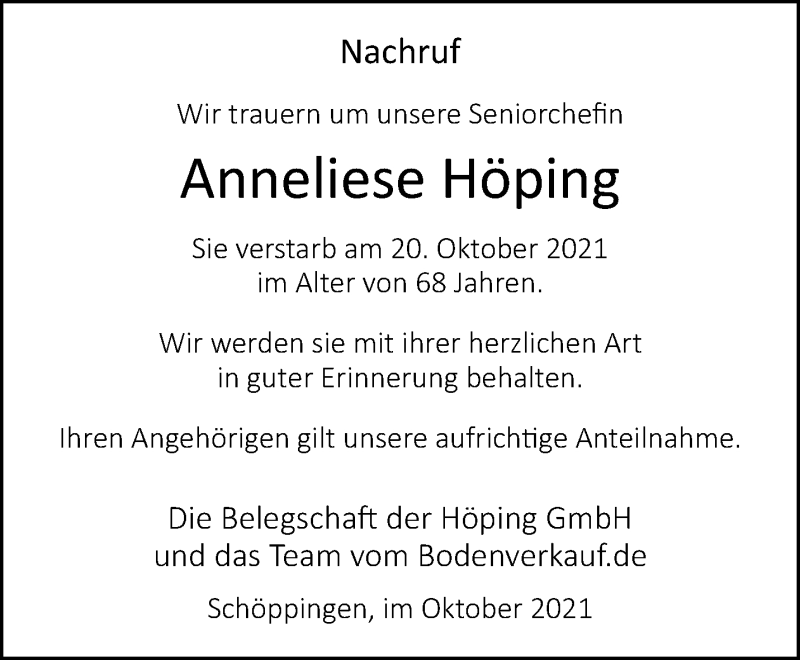  Traueranzeige für Anneliese Höping vom 23.10.2021 aus 