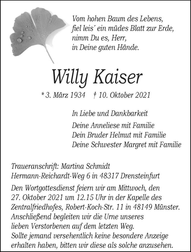  Traueranzeige für Willy Kaiser vom 23.10.2021 aus 