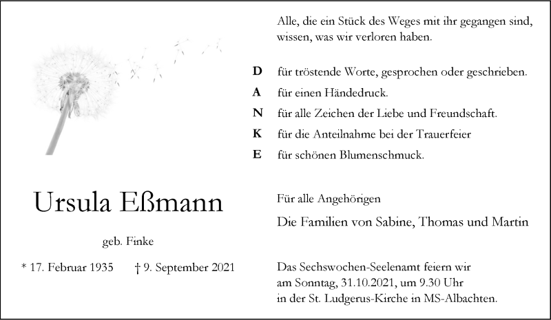  Traueranzeige für Ursula Eßmann vom 23.10.2021 aus 
