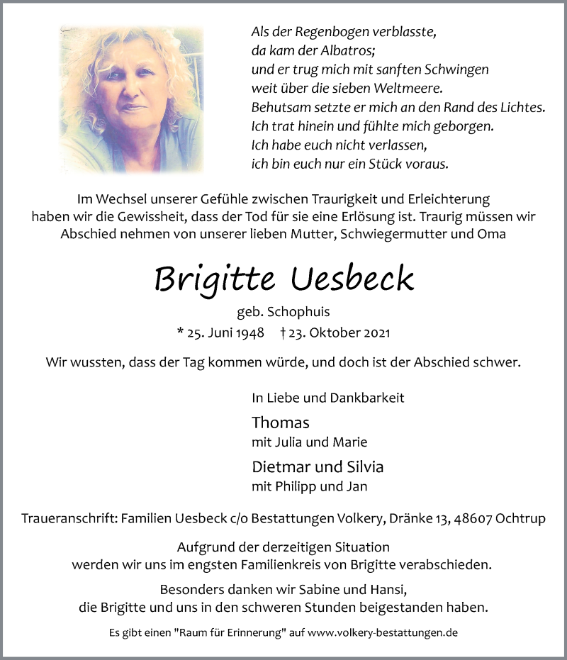  Traueranzeige für Brigitte Uesbeck vom 26.10.2021 aus 