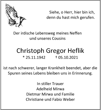 Anzeige von Christoph Gregor Heflik 