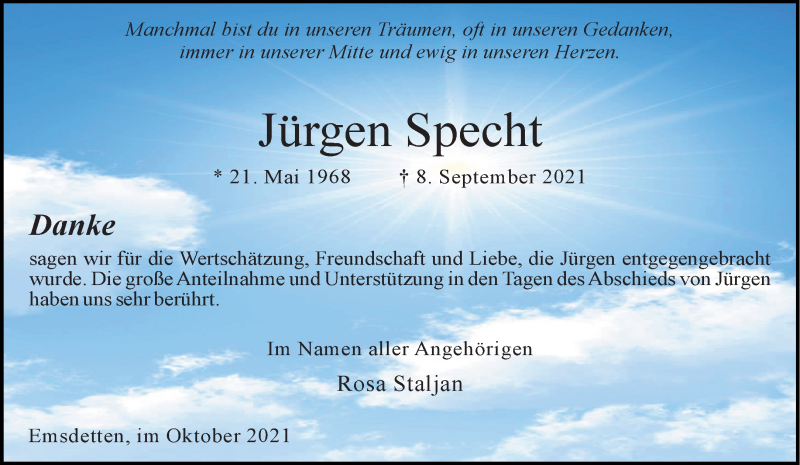  Traueranzeige für Jürgen Specht vom 27.10.2021 aus 