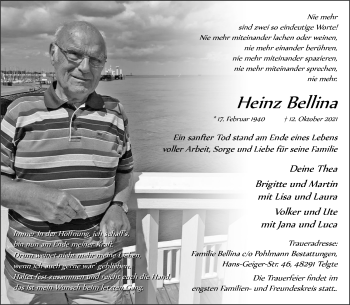 Anzeige von Heinz Bellina 
