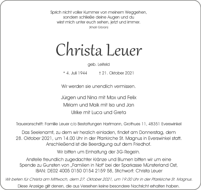  Traueranzeige für Christa Leuer vom 25.10.2021 aus 