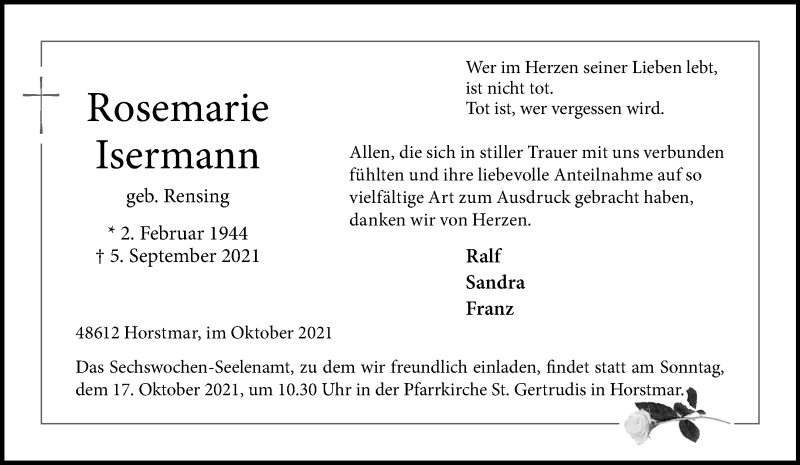  Traueranzeige für Rosemarie Isermann vom 14.10.2021 aus 