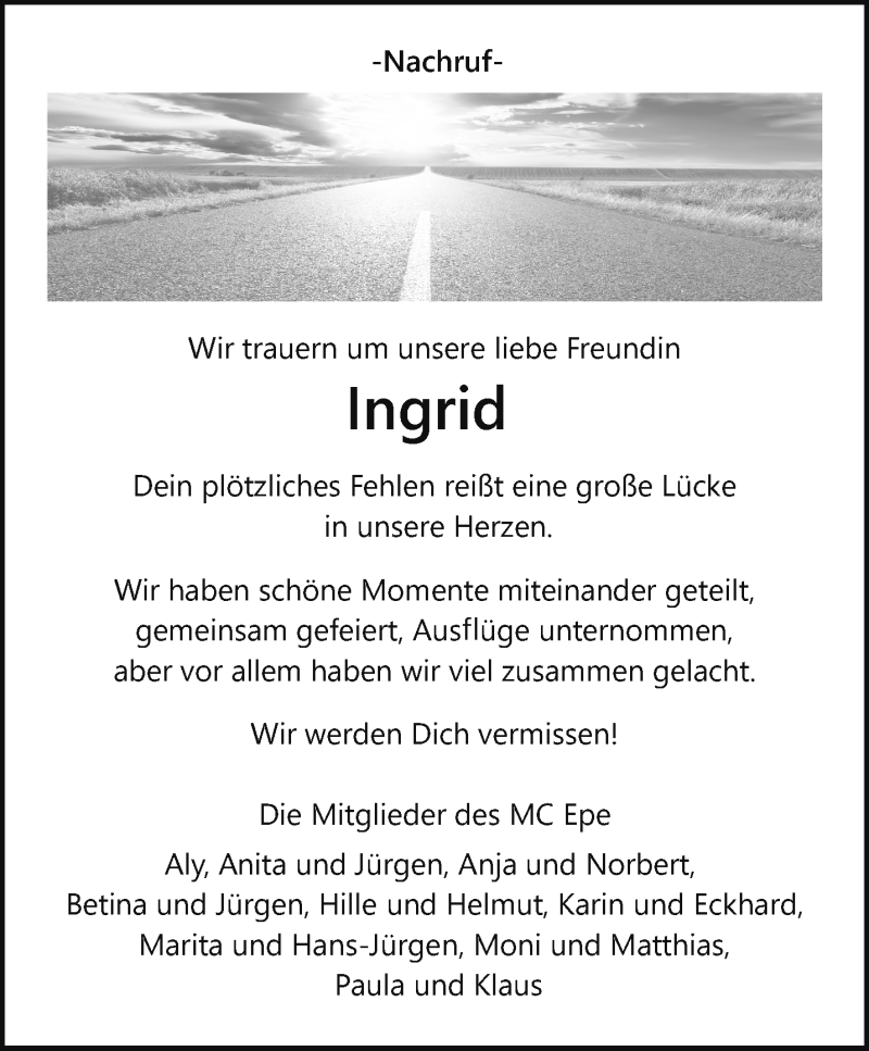  Traueranzeige für Ingrid Steinbrink vom 31.07.2021 aus 