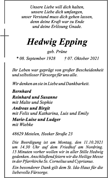 Anzeige von Hedwig Epping 