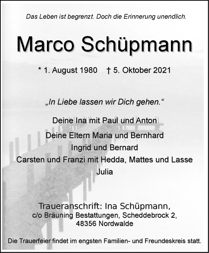  Traueranzeige für Marco Schüpmann vom 09.10.2021 aus 