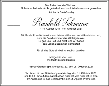 Anzeige von Reinhold Inkmann 