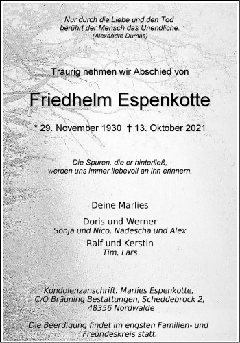 Anzeige von Friedhelm Espenkotte 