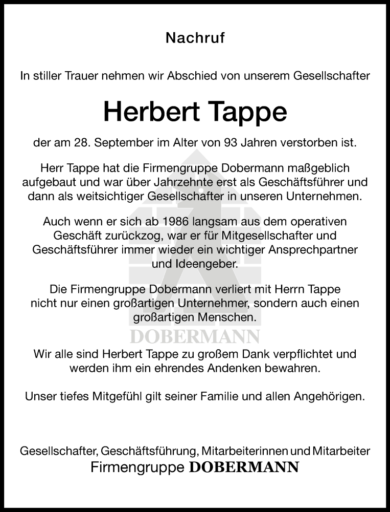  Traueranzeige für Herbert Tappe vom 16.10.2021 aus 