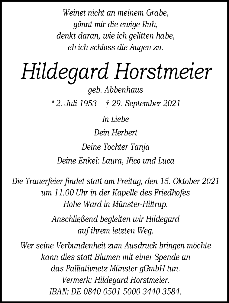  Traueranzeige für Hildegard Horstmeier vom 09.10.2021 aus 