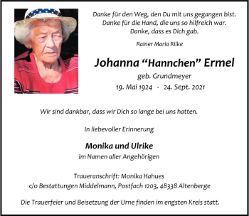 Anzeige von Johanna Ermel 