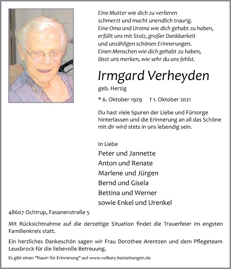  Traueranzeige für Irmgard Verheyden vom 04.10.2021 aus 